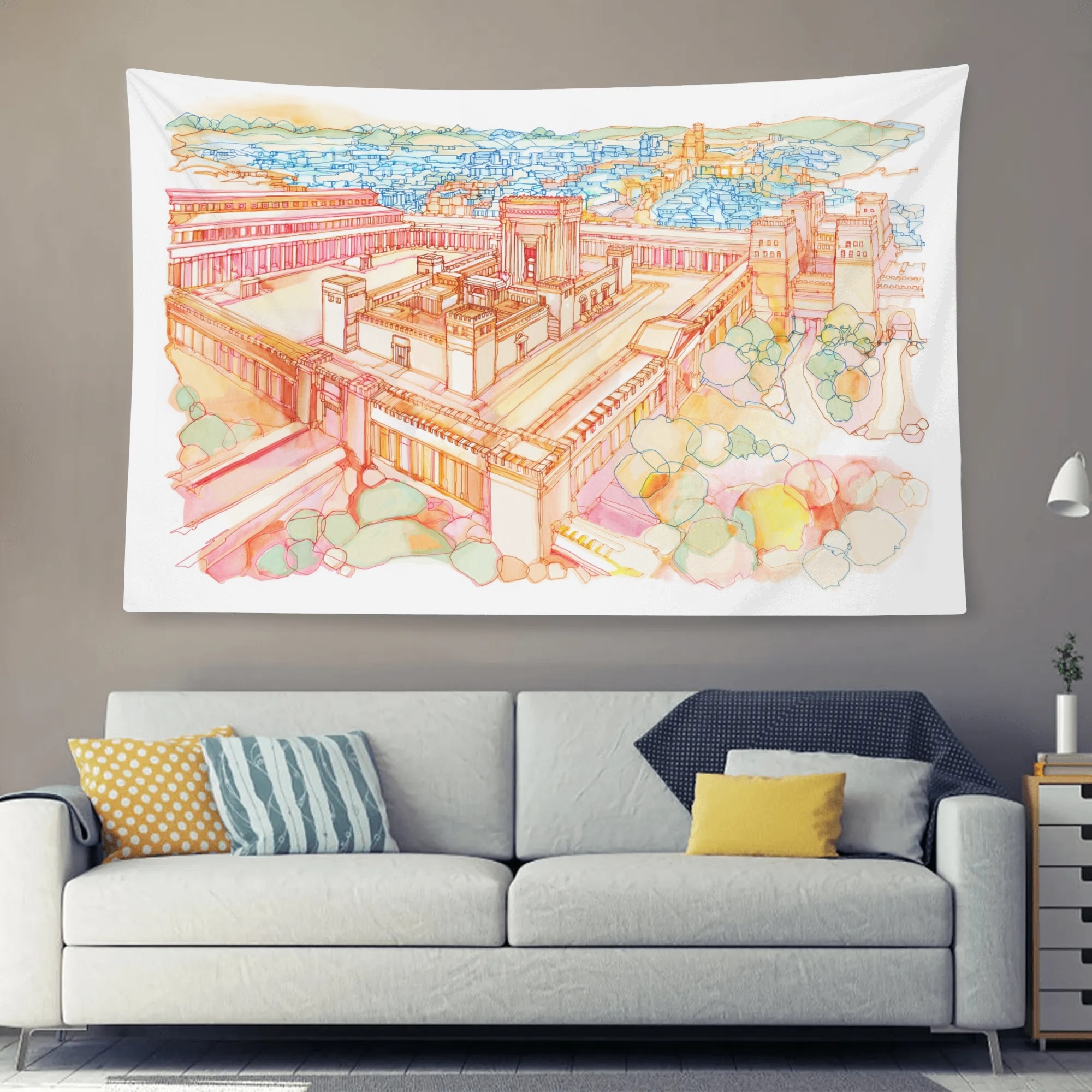 Watercolor Painting – Majestic Second Temple Jerusalem - Made in the USA by Multiple Size and Horizontal Wall Tapestry Banners (Free Shipping and Shipped in US)
